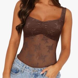 ReoRia Brown Floral Lace Mesh Bodysuit Tank